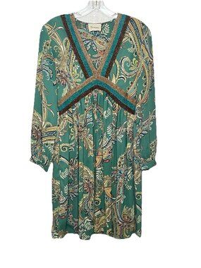 Dixie Green Paisley Dress Small Boho Metallic Trim Long Sleeve Retro Festival